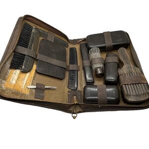 Shaving Travel Kit Set Brown Leather Zip Case Vanity Grooming Toiletry Vintage